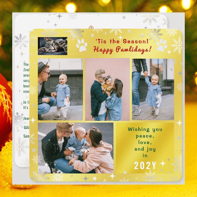 Funny Cat Happy Pawlidays Peace Love Photos Golden Julkort (Funny Cat Dog Photo Happy Pawlidays with 5 Photos Total. Elegant Cute Golden Background, Snowflakes)