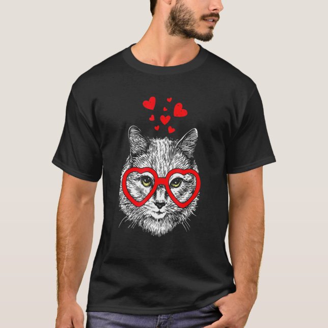 Funny Cat Heart Glasses Valentine's Day T Shirt (Framsida)
