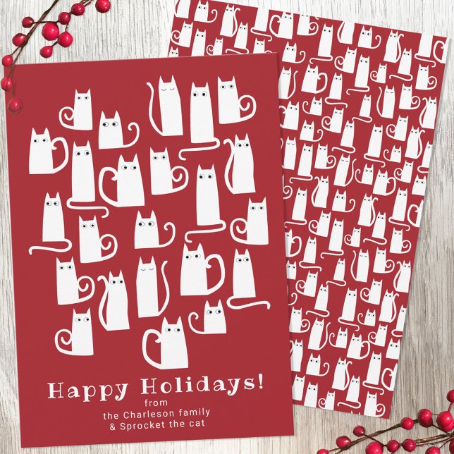 Funny Cat-Helgdag-kort Julkort (Red and white cat fun holiday card)