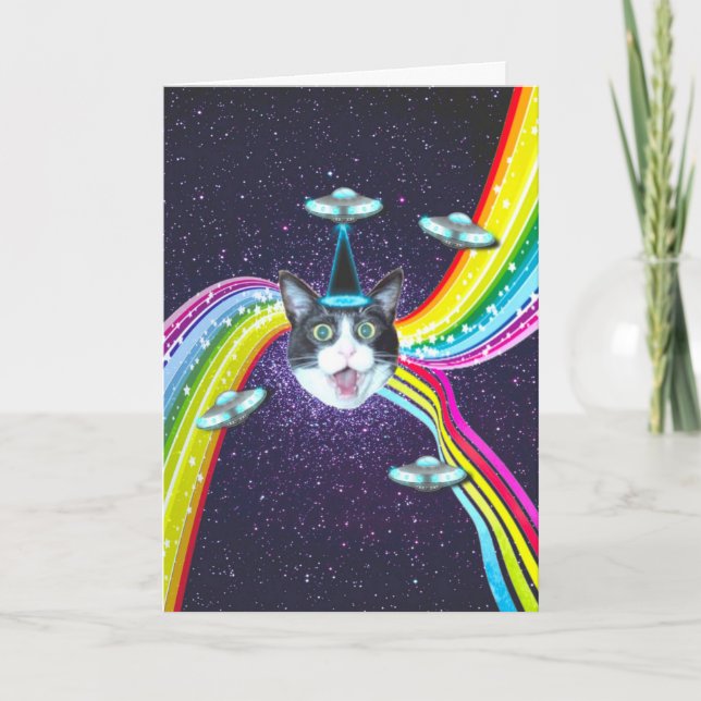 Funny Cat Humor Alien Abduction Birthday Card Kort (Framsida)