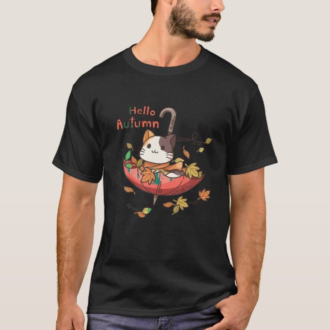 Funny Cat Löv Fall Hej Autumn Cute Cat L T Shirt (Framsida)