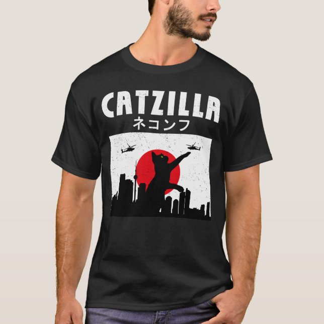 Funny Cat Lovers Japanska Catzilla Superskoj Kärle T Shirt (Framsida)