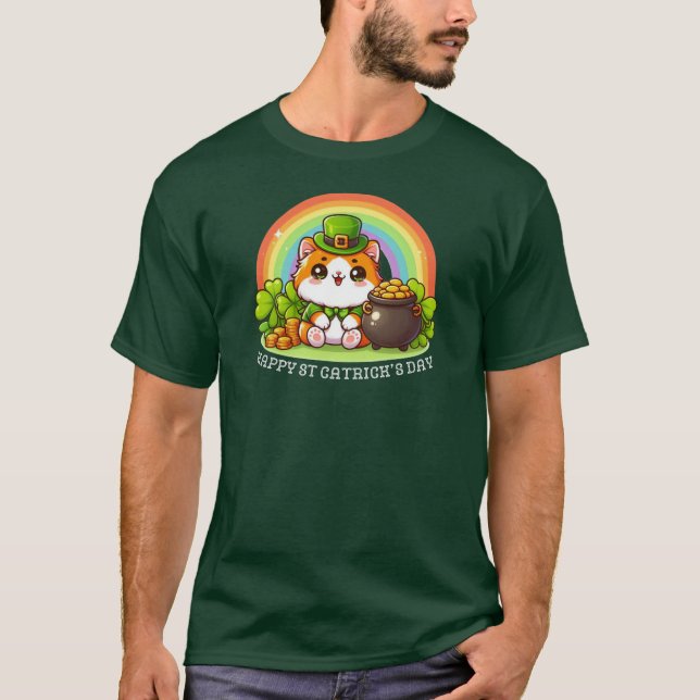 Funny Cat Lucky Irish Lycklig St patricks day Grön T Shirt (Framsida)
