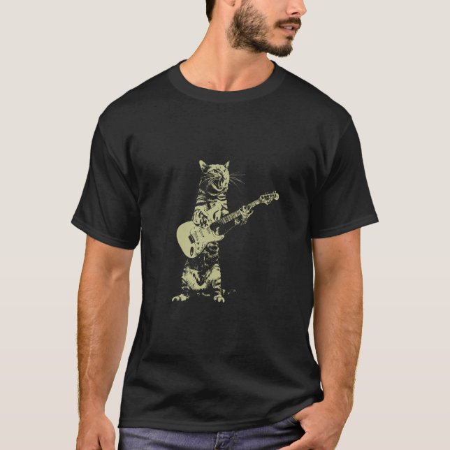 FUNNY CAT MED GUITAR T SHIRT (Framsida)