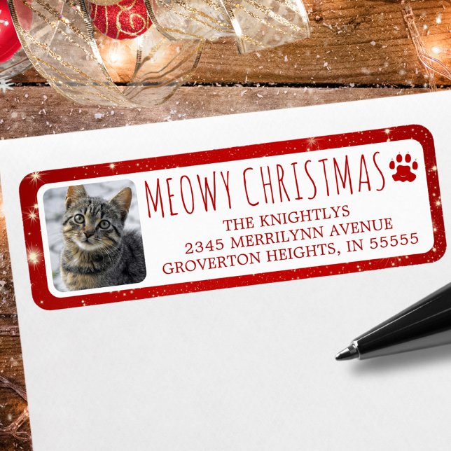 Funny Cat MEOWY CHRISTMAS Photo Red Pawprint Returadress Etikett (Skapare uppladdad)