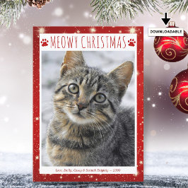 Funny Cat MEOWY CHRISTMAS Photo Red Tassavtrycks Julkort