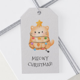 Funny Cat Meowy Julgran Ljus Watercolor Presentetikett
