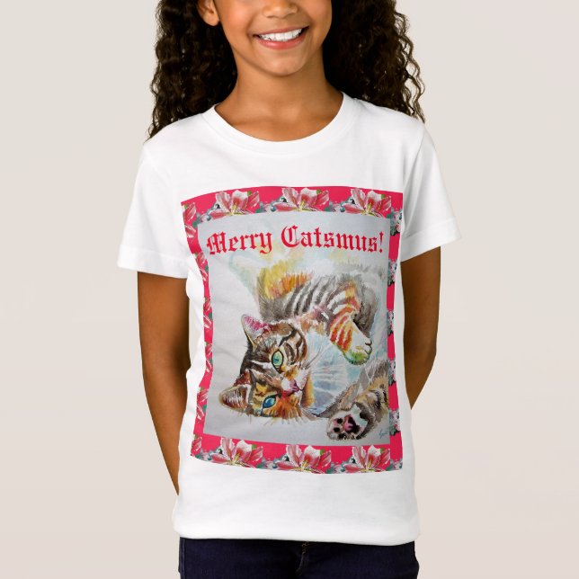 Funny Cat Merry cat jul Red Girls T Shirt (Framsida)