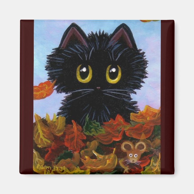 Funny Cat Mouse Höst löv Creationarts Magnet (Framsidan)