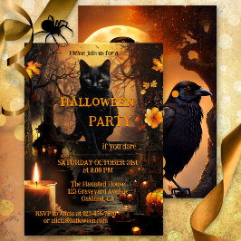 Funny Cat och Raven Halloween fest Inbjudningar