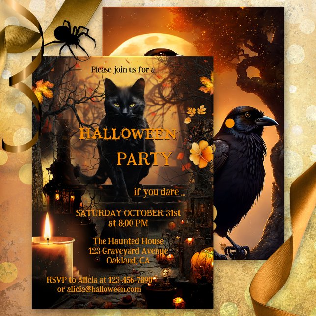 Funny Cat och Raven Halloween fest Inbjudningar (Halloween party invitation featuring a cute black cat in a  graveyard scene with a festive candle)