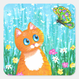 Funny Cat Orange Tabby Butterfly Summer Fyrkantigt Klistermärke