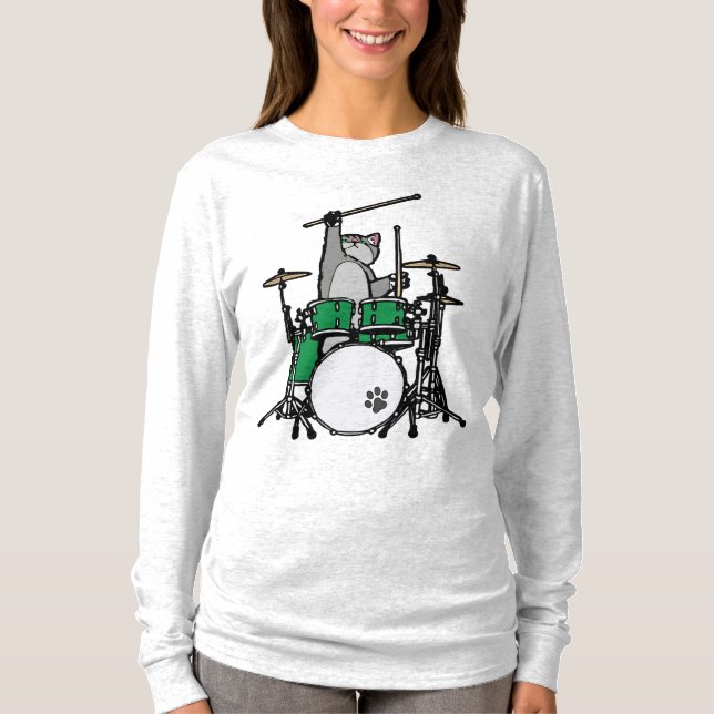 Funny Cat Pay Drums, Cat Drummer T Shirt (Framsida)