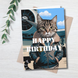 Funny Cat Pilot & Airplane, Coola Aviation Birthda Kort