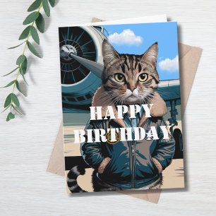 Funny Cat Pilot & Airplane, Coola Aviation Birthda Kort