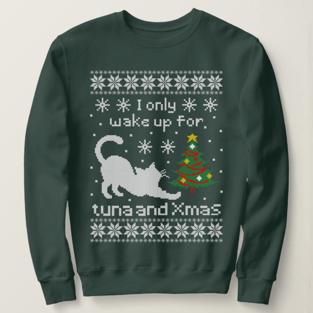 Funny Cat Pixel Knit Ugly Christmas T Shirt (Design framsida)