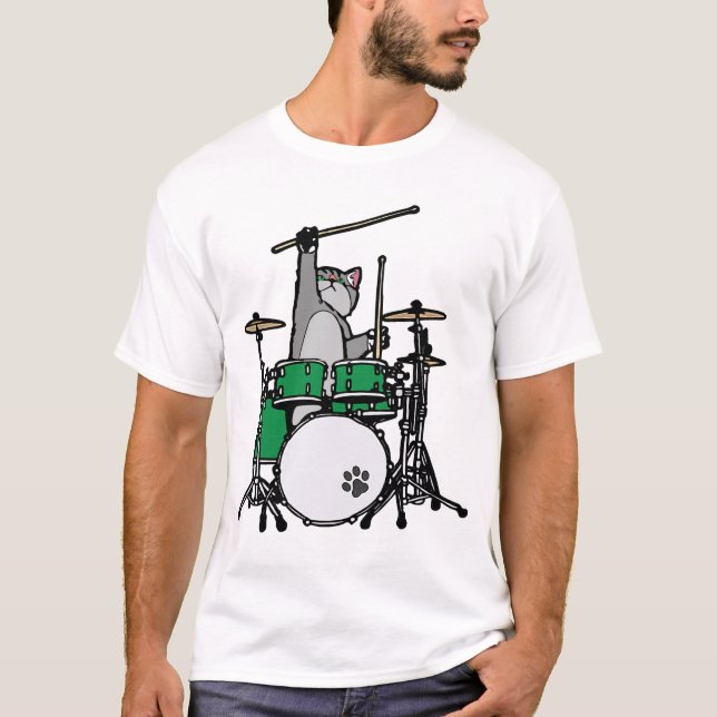 Funny Cat Played Drums, Cat Drummer, Drummer Gift T Shirt (Framsida)