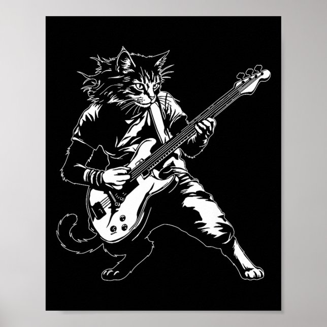 Funny Cat Playing B Guitar Rock Music Lover Musici Poster (Framsidan)