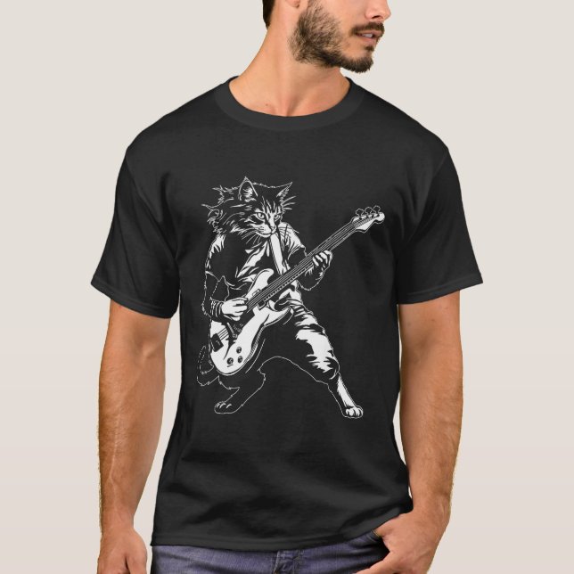 Funny Cat Playing B Guitar Rock Music Lover Musici T Shirt (Framsida)