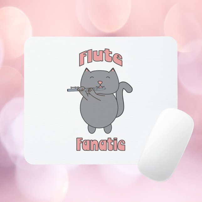 Funny Cat Playing Flute Music Lover Musician Carto Musmatta (A mousepad featuring a gray cat playing the flute with the words Flute Fanatic in pink.)