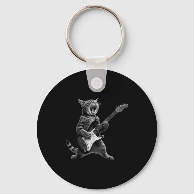 Funny Cat Playing Guitar Rock And Roll Men Women K Nyckelring (Framsida)