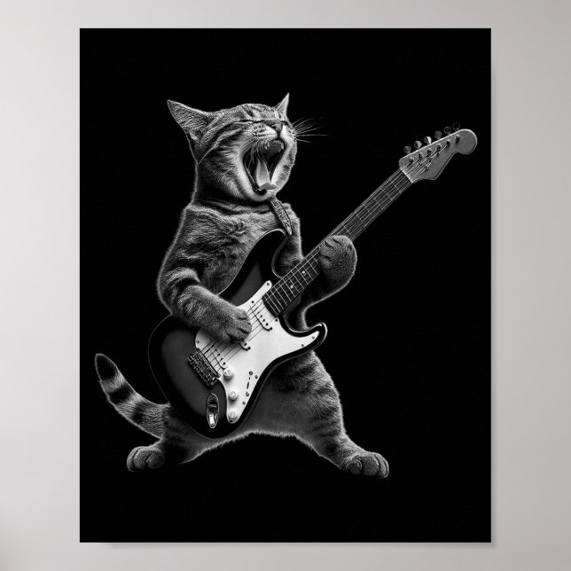 Funny Cat Playing Guitar Rock And Roll Men Women K Poster (Framsidan)