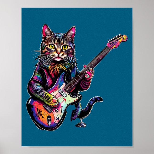 Funny Cat Playing Guitar Rock And Roll Men Women K Poster (Framsidan)