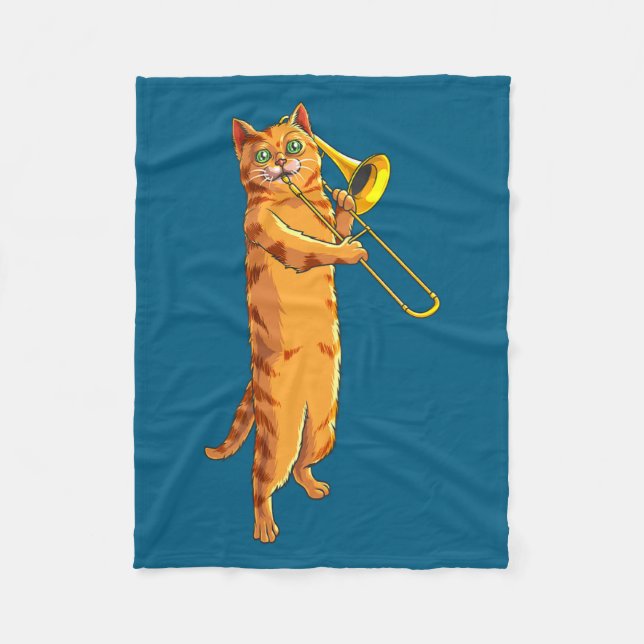 Funny Cat Playing Trombone Gift Cool Kitten Musici Fleecefilt (Framsidan)