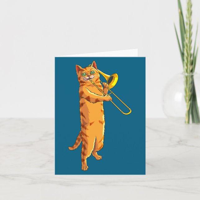 Funny Cat Playing Trombone Gift Cool Kitten Musici Kort (Framsida)