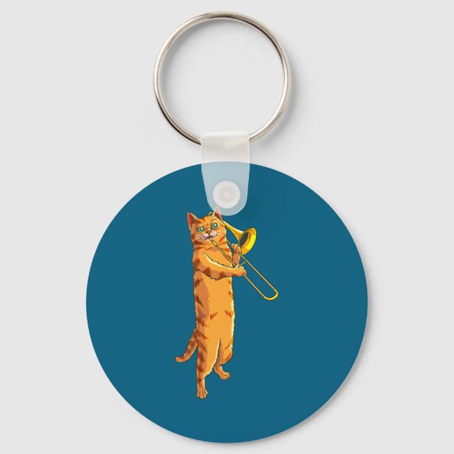 Funny Cat Playing Trombone Gift Cool Kitten Musici Nyckelring (Framsida)