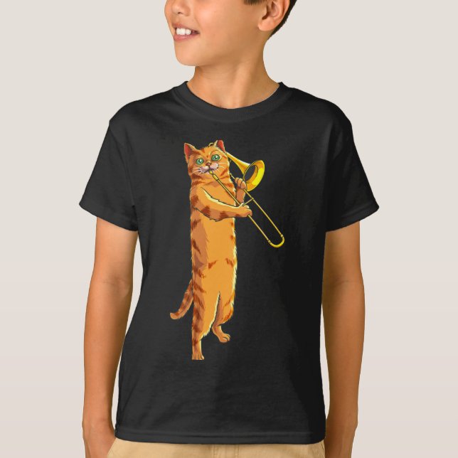 Funny Cat Playing Trombone Gift Cool Kitten Musici T Shirt (Framsida)