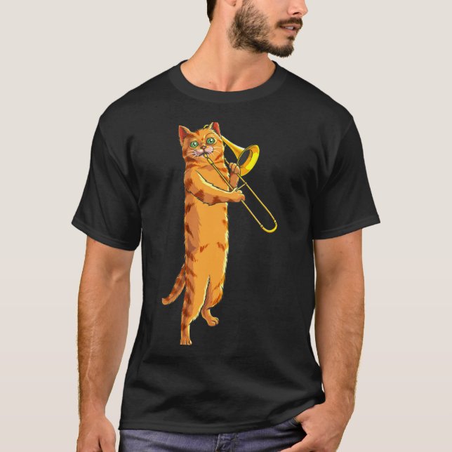 Funny Cat Playing Trombone Gift Cool Kitten Musici T Shirt (Framsida)