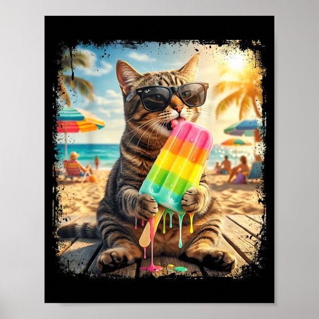 Funny Cat Popsicle Summer Animal Sunglasses Meme Poster (Framsidan)