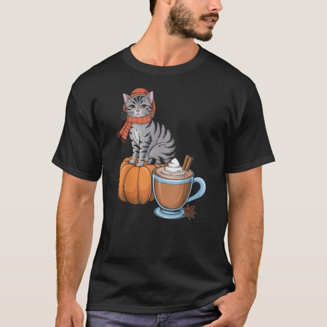 Funny Cat Pumpkin Spice Coffee Thanksgiving Autumn T Shirt (Framsida)