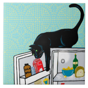 Funny Cat Raids Fridge Art Kakelplatta