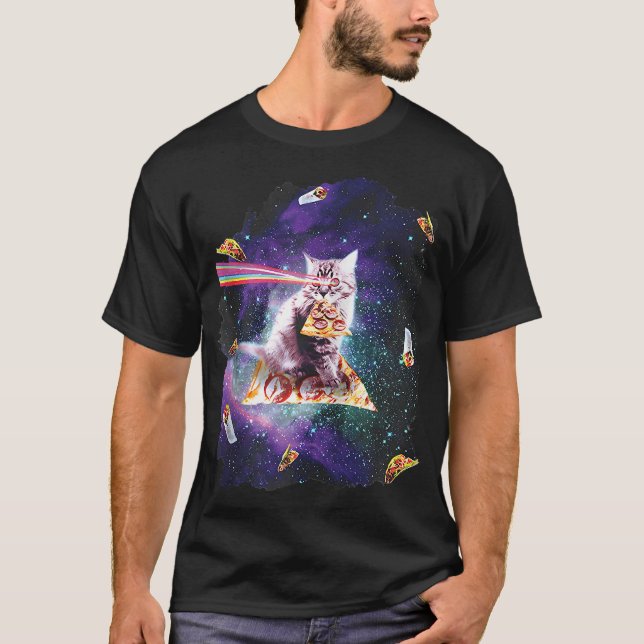 Funny Cat Rainbow Laser Ögon Riding Pizza Astronau T Shirt (Framsida)