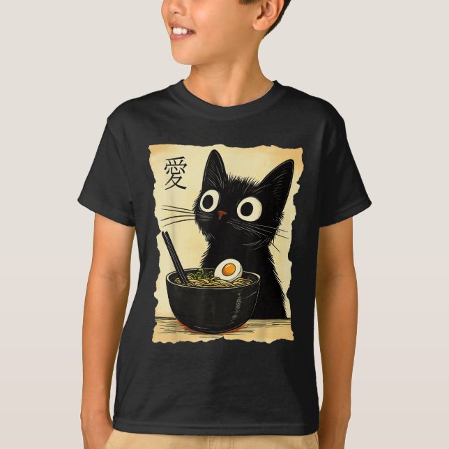Funny Cat Ramen Graphic Tee Japanska Kawaii Anime (Framsida)