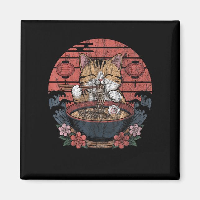 Funny Cat Ramen Graphic Tee Japanska Kawaii Anime Magnet (Framsidan)