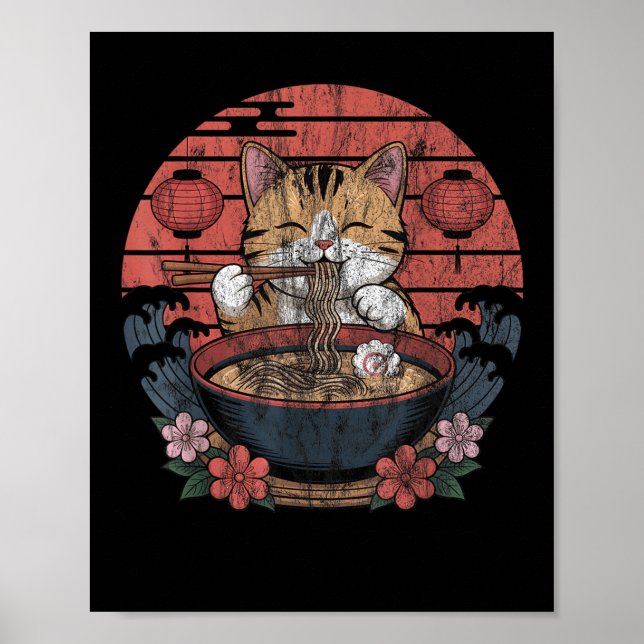 Funny Cat Ramen Graphic Tee Japanska Kawaii Anime Poster (Framsidan)
