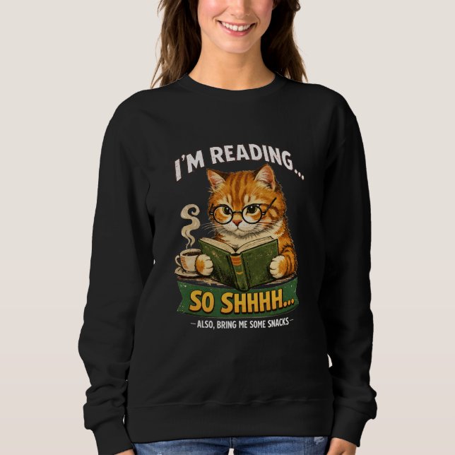 Funny Cat Reading Book Black Sweatshirt | Retro T Shirt (Framsida)