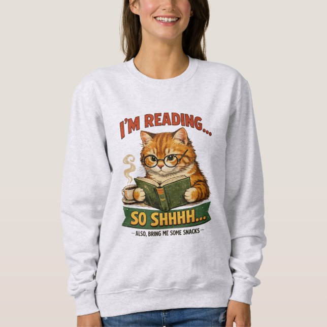 Funny Cat Reading Retro Book Lover T Shirt (Framsida)