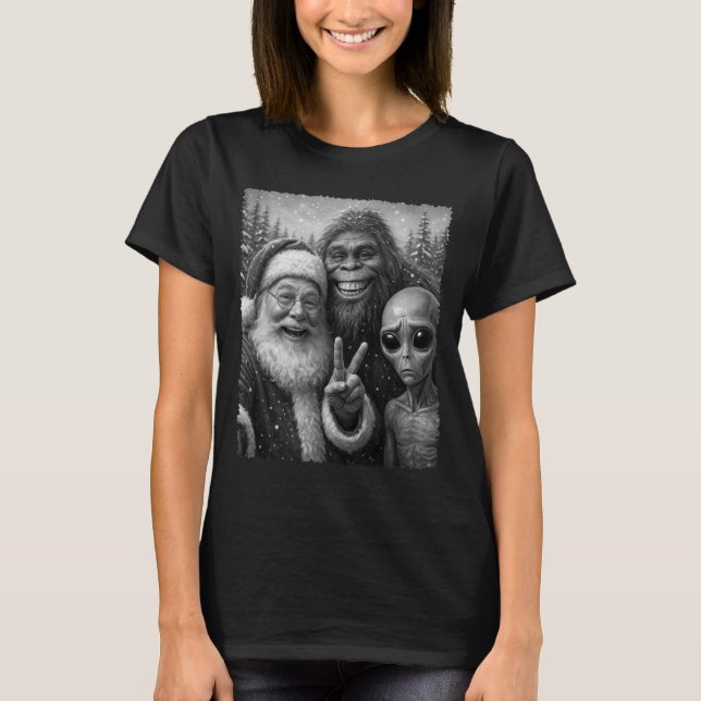 Funny Cat Santa Bigfoot Alien Christmas Selfie Tee (Framsida)