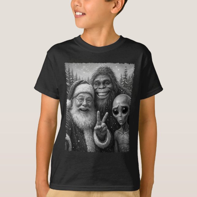 Funny Cat Santa Bigfoot Alien Christmas Selfie Tee (Framsida)