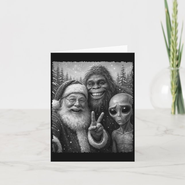 Funny Cat Santa Bigfoot Alien Christmas Selfie Tee Kort (Framsida)