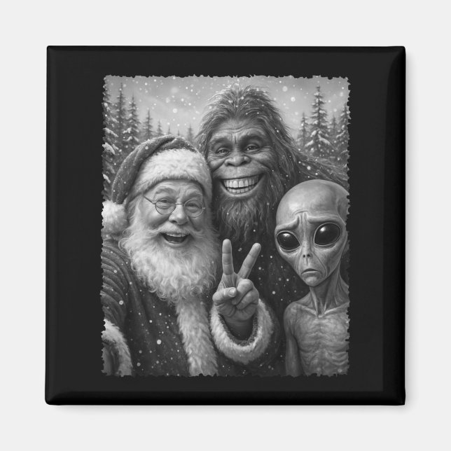 Funny Cat Santa Bigfoot Alien Christmas Selfie Tee Magnet (Framsidan)