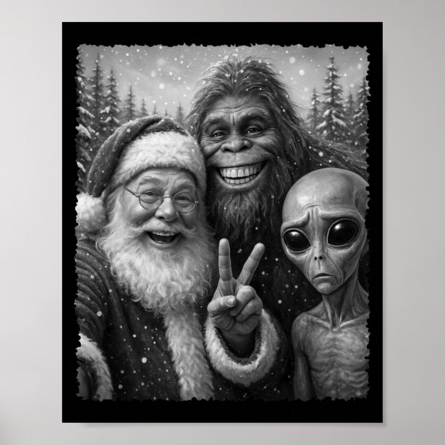Funny Cat Santa Bigfoot Alien Christmas Selfie Tee Poster (Framsidan)
