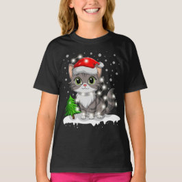 Funny Cat Santa Hat God jul Träd Ljus T Shirt