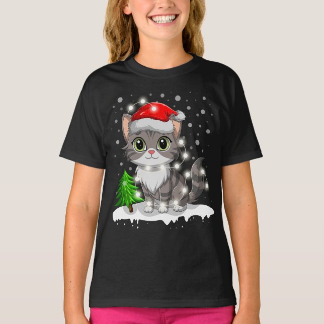 Funny Cat Santa Hat God jul Träd Ljus T Shirt (Framsida)