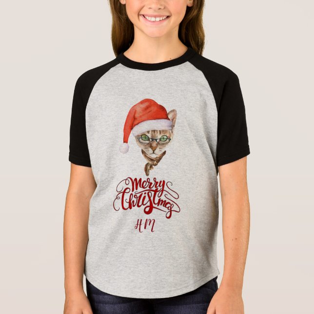Funny Cat Santa Winter God jul T Shirt (Framsida)
