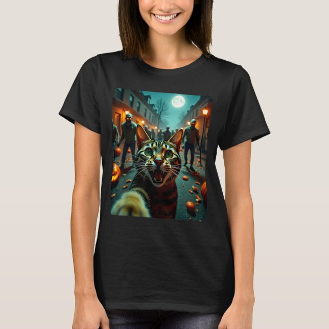 Funny Cat Selfie Halloween Zombies Humor  T Shirt (Framsida)